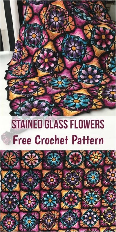 the finished crochet flower afghan is shown with text that reads stained glass flowers free crochet pattern