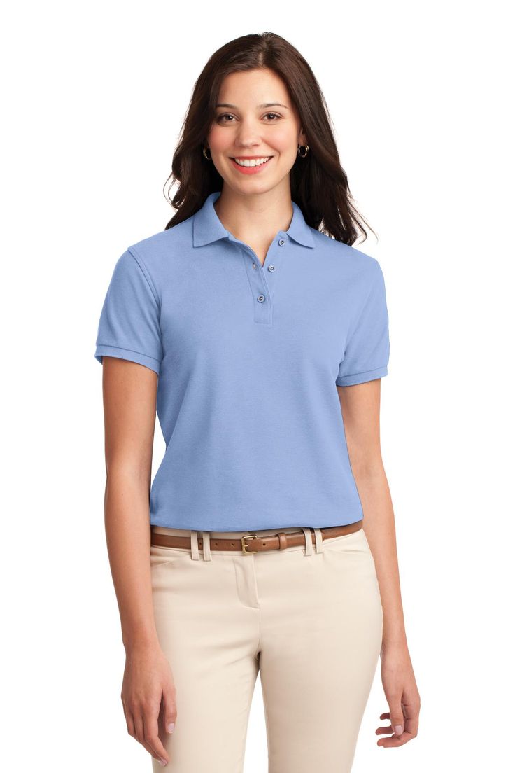 Shop Port Authority L500 in Light Blue & get instant bulk discounts. This 65.00% Polyester, 35.00% Cotton Women Polo Shirt is often used for Embroidery projects by our customers | Ships Fast | Award-Winning Customer Service. Mediterranean Blue, Silk Touch, Port Authority, Work Wear Women, Pique Polo Shirt, Polo Shirt Women, Woven Dress, Short Sleeve Polo, Sports Shirts