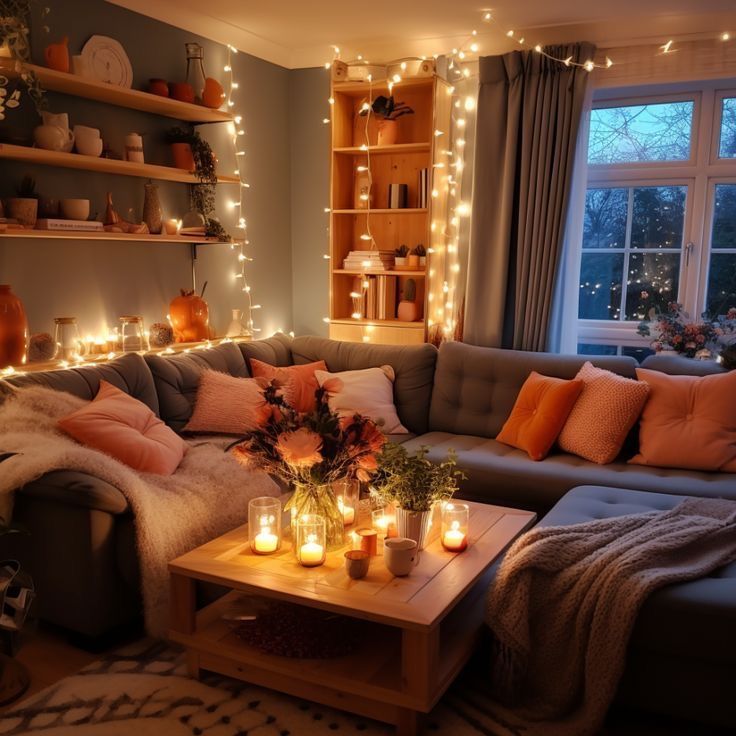 a living room filled with lots of furniture and candles on the coffee table in front of a window