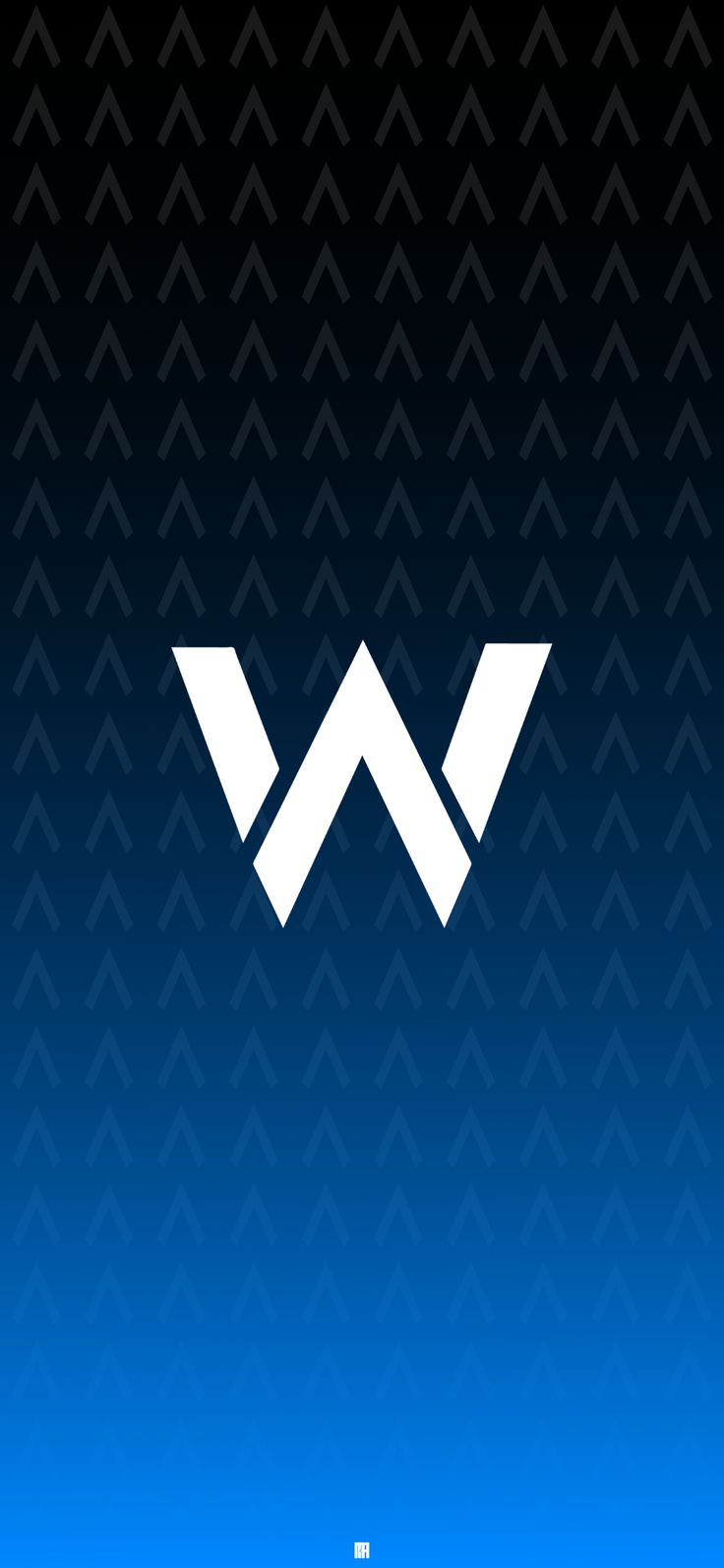 the white logo is displayed on a dark blue and black background with an arrow in the center