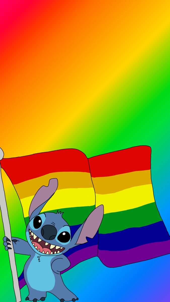 a cartoon character holding a rainbow flag