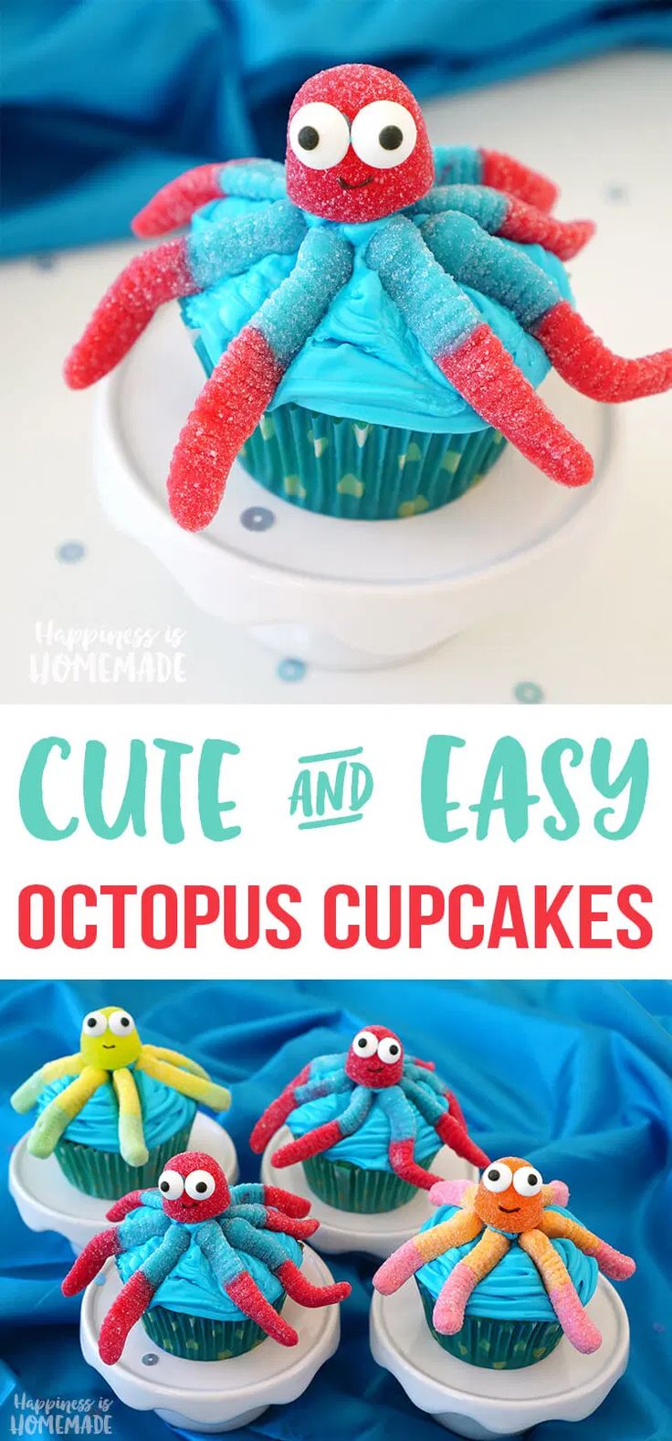 an octopus cupcake is decorated with blue icing and red sprinkles