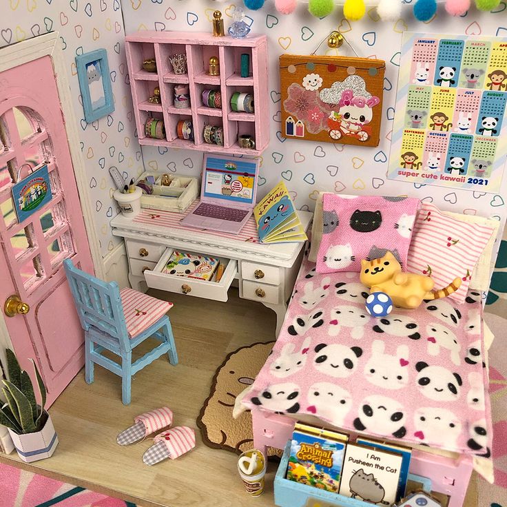 a doll house bedroom with furniture and accessories