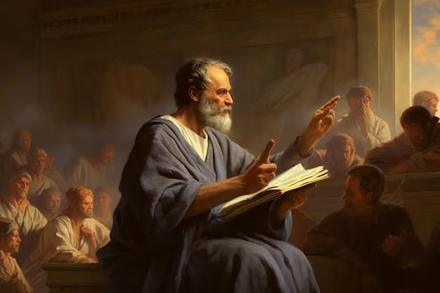 a painting of a man with a book in his hand and people around him looking on