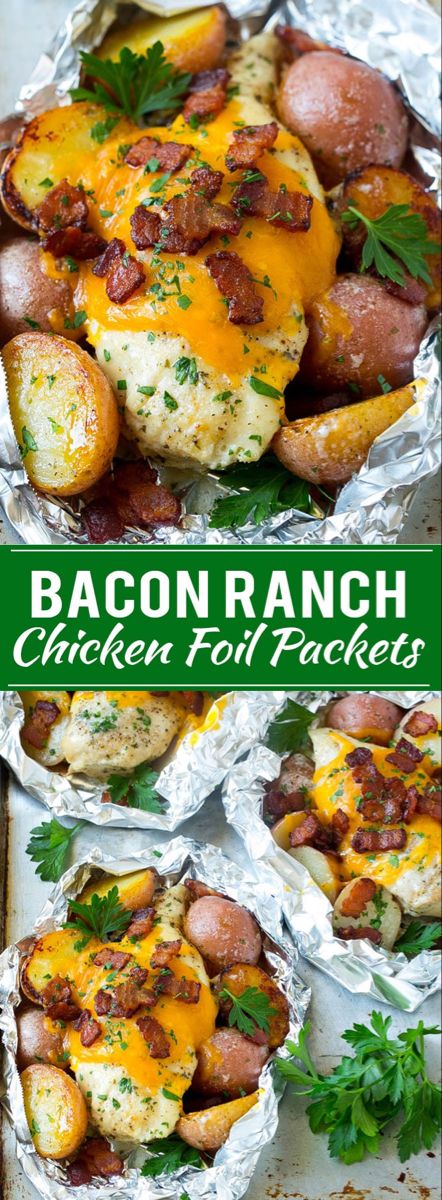 bacon ranch chicken foil packets on a baking sheet with the title in green above it