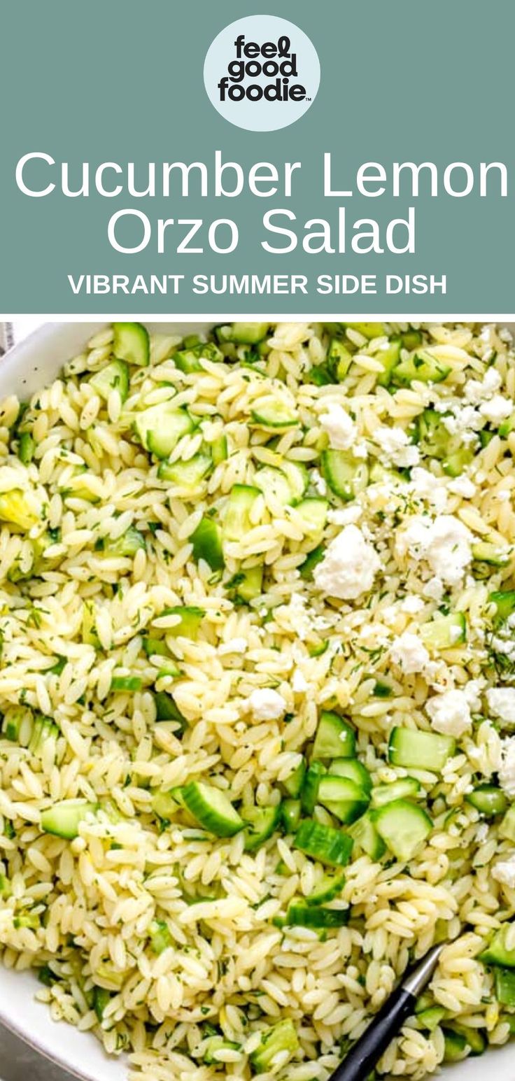 cucumber lemon orzo salad in a white bowl