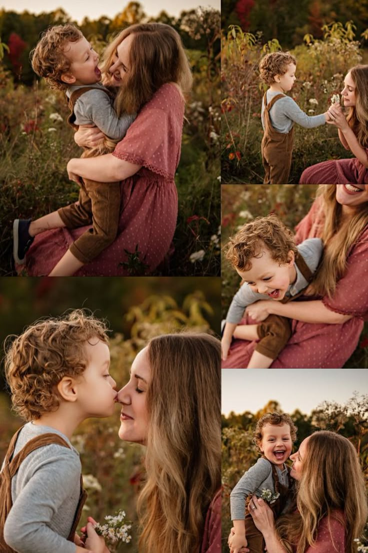 a collage of photos shows a woman holding a young boy in her arms and kissing him