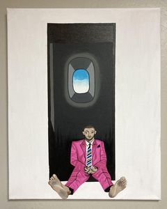 a painting of a man in a pink suit sitting next to an airplane window