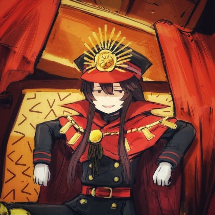 an anime character sitting in front of a red curtain with his hands on his hips