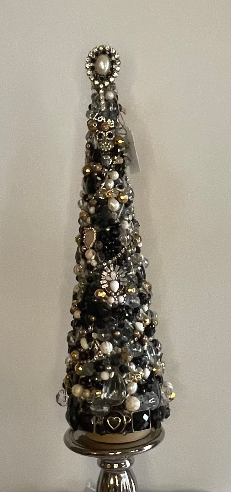 "This beautiful jewelry tree is 17\" tall and made using vintage, colorful and costume jewelry in Gold, Black, White and Crystal tones. I can customize a tree using your jewelry or colors and materials you choose. Can be used for any occasion and all seasons. Thank you for visiting my shop." Christmas Black Tree, Jewelry Ornaments, Tree Jewelry, 17 Black, Christmas Black, Black Tree, Jewelry Tree, Santa Baby, Gold Black