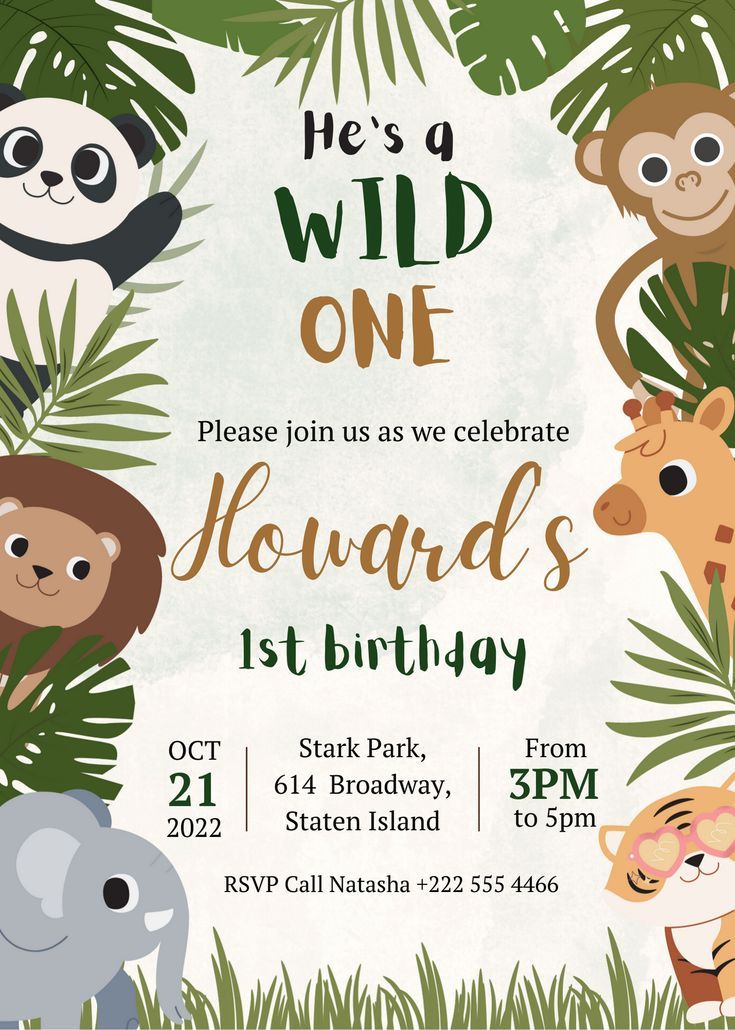 an animal themed birthday party with jungle animals and palm leaves on the front, along with text that reads he's a wild one