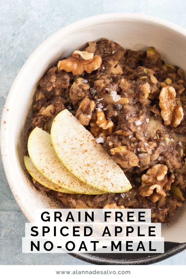 grain free spiced apple no - oatmeal meal in a white bowl