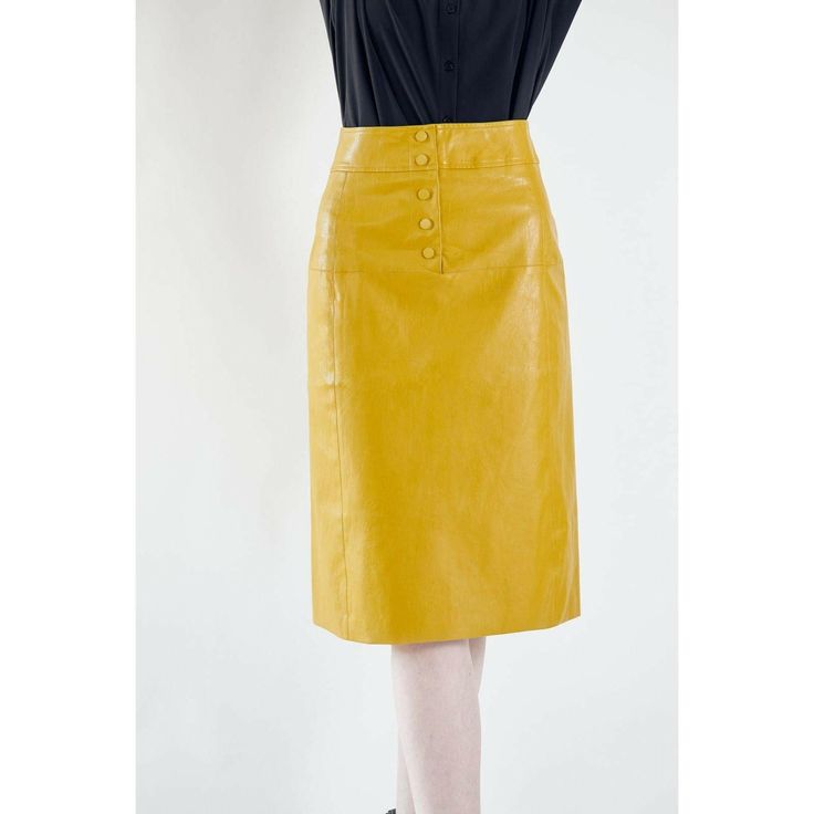 This Power Woman mustard leather skirt is designed for a figure-flattering fit. It offers a tailored look that is both comfortable and stylish. Perfect for any occasion. Color: Mustard Length: 28 inches Care: Dry Clean Composition: 55% cotton, 45 % PU, Mid-weight, non-stretchy fabric Sizing: Fits true to size, regular fit. Model is 6 ft/ 188.88 cm and wears a size Small (2) Chic Fitted Yellow Pencil Skirt, Chic Yellow Fitted Pencil Skirt, Elegant Yellow Skirt For Workwear, Fitted Yellow Skirt For Fall, Leather Knee-length Pencil Skirt For Spring, Yellow Knee-length Pencil Skirt, Yellow Pencil Skirt For Workwear, Chic Yellow Mini Skirt For Work, Yellow Midi Skirt For Work