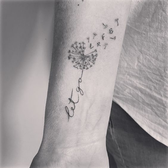 a woman's foot with a dandelion tattoo on her left ankle and the word love written in cursive writing