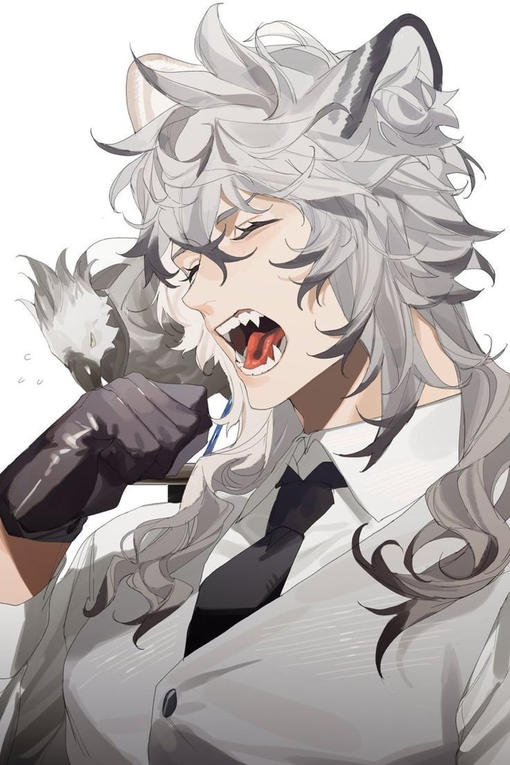 an anime character with white hair and gray eyes, holding a microphone in his hand