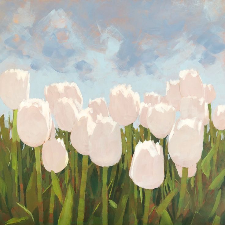 a painting of white tulips in a field with blue sky and clouds behind them