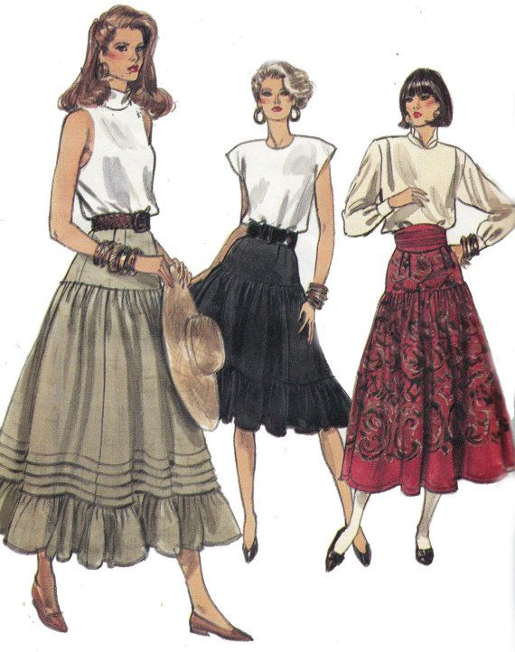 three women in skirts and blouses, one wearing a hat