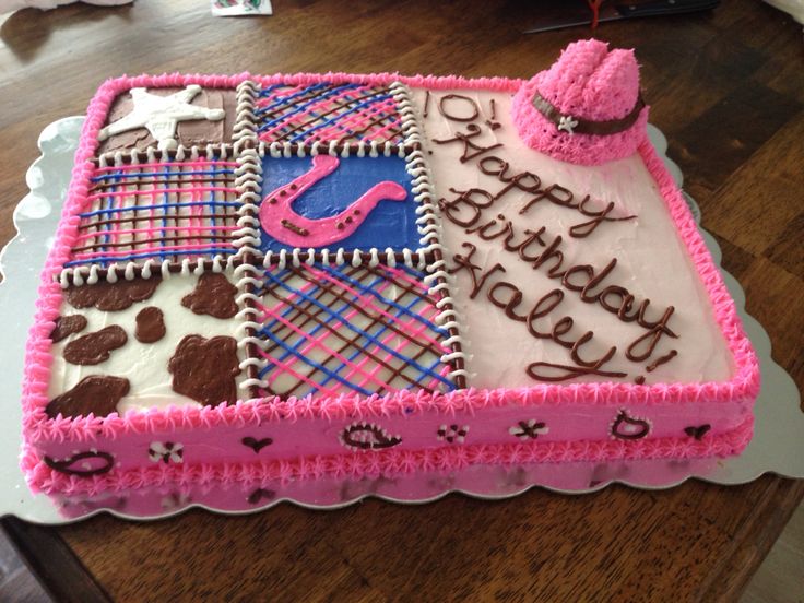 a birthday cake decorated with pink and brown icing