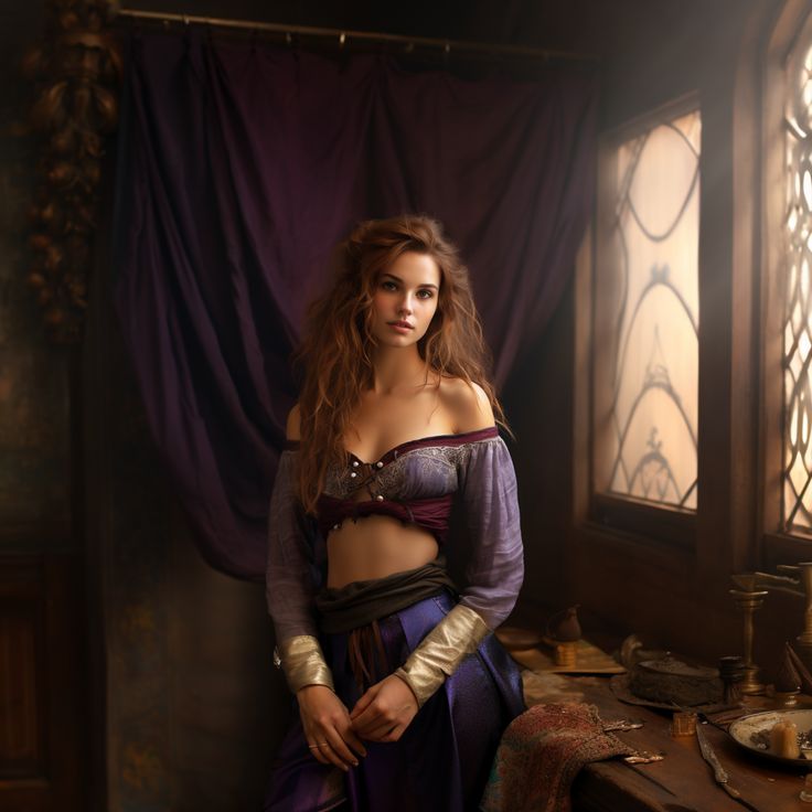 a beautiful woman in a purple dress standing next to a window