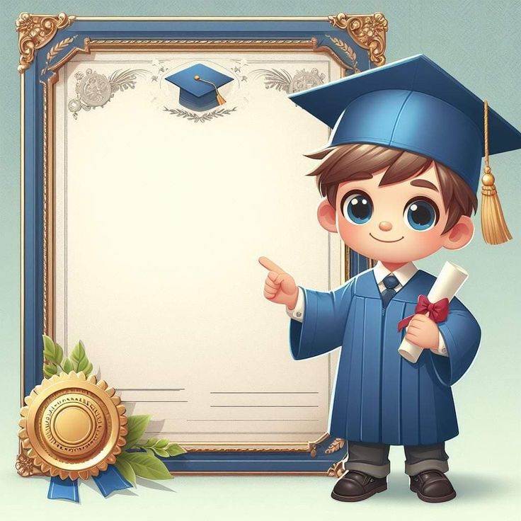 a boy in graduation cap and gown pointing at a certificate with a seal on it