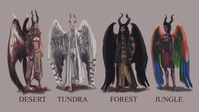 an image of four different types of demonic creatures with horns and wings on their heads