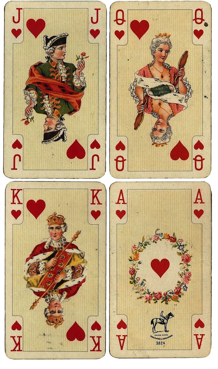 four different playing cards with hearts and symbols on the front, one has a woman holding a