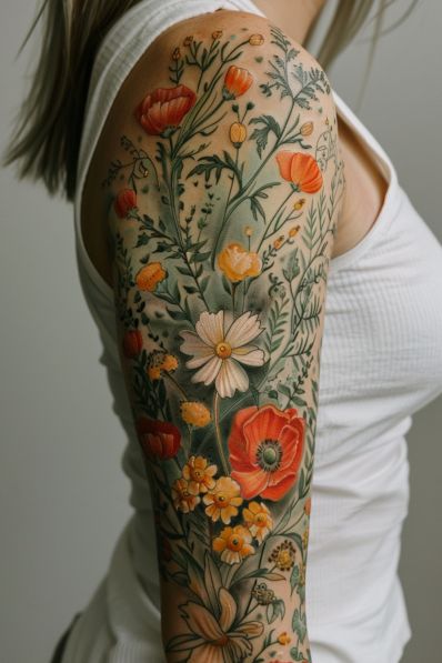 a woman's arm with flowers and leaves painted on the upper half of it