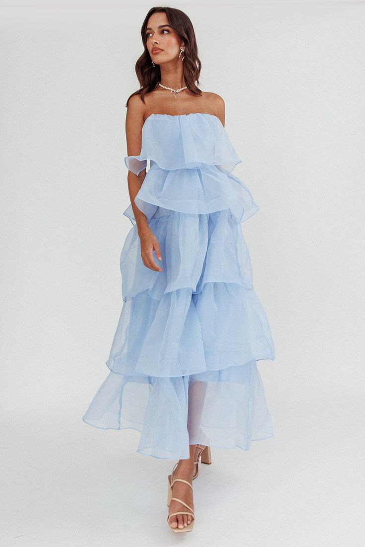 Behati Tiered Layer Midi Dress Blue Layer Midi Dress, Maxi Dress Strapless, Midi Dress Blue, Layered Design, Blue Bridesmaids, Dress Satin, Nude Heels, Ruffled Maxi Dress, Blue Midi Dress