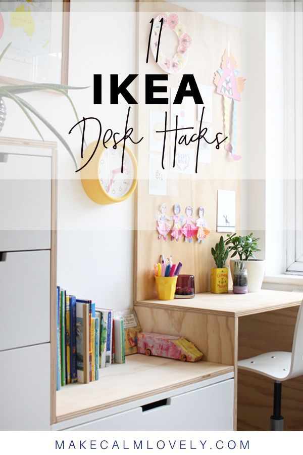 a desk with some books on it and the words 11 ikea desk hacks