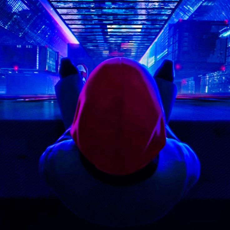 a person wearing a red hoodie is looking at the city from inside a tunnel