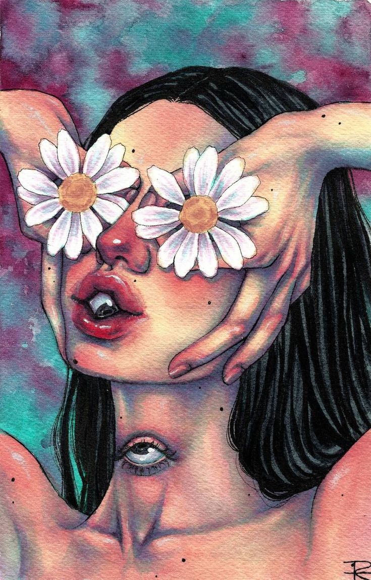 a painting of a woman with two flowers in her eyes and one hand on her face