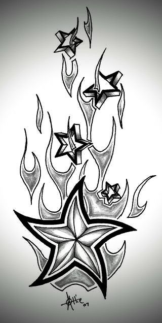 an artistic tattoo design with stars and flames