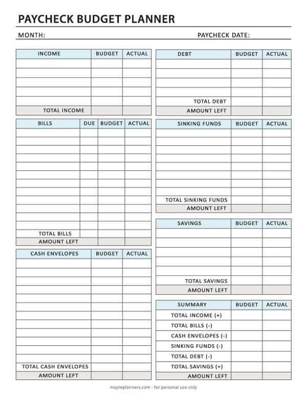 a printable pay sheet with the words paycheck budget planner