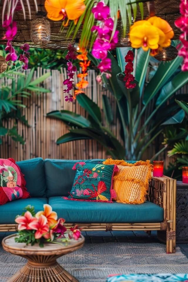 Backyard Tiki Ideas for Tropical Vibes at Home Hawaiian Patio Ideas, Tiki Bar Color Palette, Tropical Lanai Ideas, Tropical Jungle Garden, Tiki Home Decor, Tiki Backyard Ideas, Tiki Garden Ideas, Tiki Patio Ideas, Hair In Your 40s