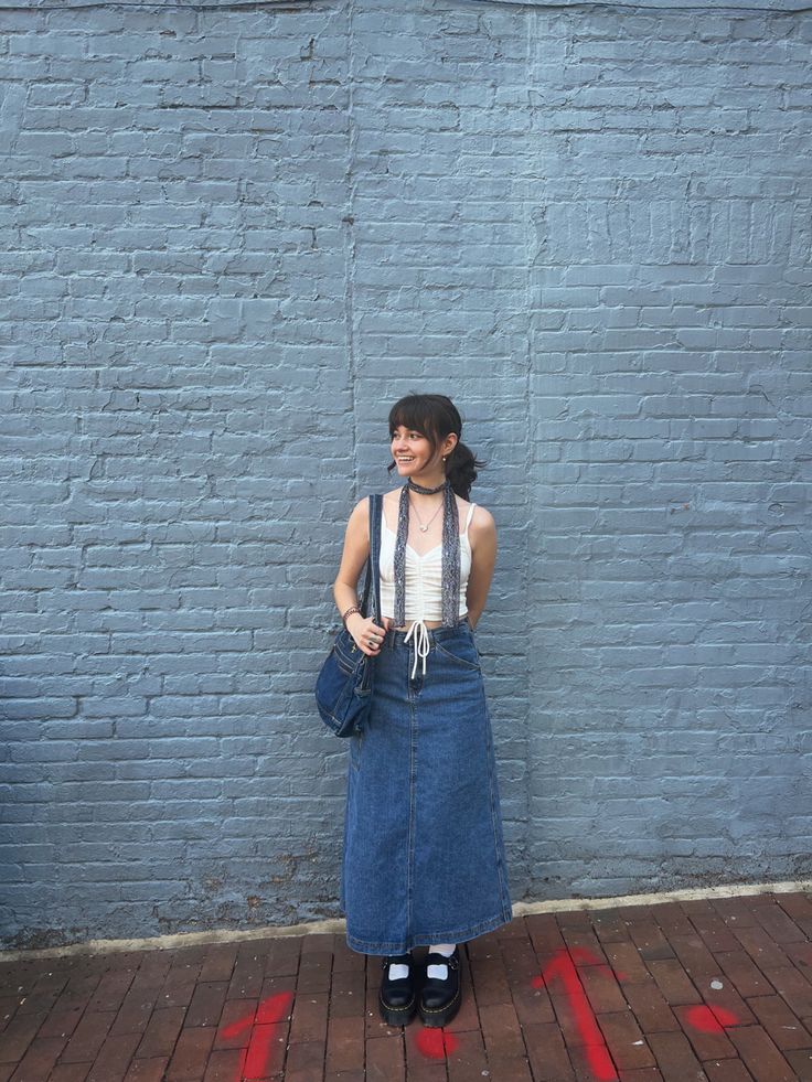 denim maxi skirt, summer outfit inspo, docs, doc marten, mary janes, mary janes outfit, mini scarf Long Denim Skirt Doc Martens Outfit, Maxi Skirt And Mary Janes, Doc Martens With Long Skirt, Maxi Skirt Outfit Vintage, Denim Skirt Mary Janes, Denim Maxi Skirt Fall, Mary Janes With Long Skirt, Chunky Mary Janes Outfit Jeans, Outfits With Doc Marten Mary Janes