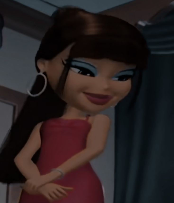 a cartoon girl in a red dress standing next to a door with her hand on her hip