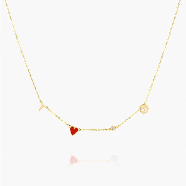 Fit Guide Safety Policy Care InstructionsUnleash the pinnacle of luxury with the Red Heart Inez Initial Necklace with Diamond - 14K Solid Gold. Crafted with utmost precision, this dainty necklace showcases a scintillating 0.03 ct round diamond, brilliantly nestled in a 14K solid gold setting.Customize it with your preferred letter or zodiac sign and adorn yourself with the enchanting enamel heart charm. With its unrivaled elegance and timeless allure, this necklace becomes a coveted treasure tha Luxury Heart-shaped Necklace With Delicate Chain, Luxury 14k Gold Necklace For Valentine's Day, Luxury Clavicle Chain Jewelry For Valentine's Day, Luxury Gold Plated Necklaces For Valentine's Day, Luxury Gold Diamond Necklace For Valentine's Day, Luxury Heart-shaped Jewelry With Delicate Chain, Valentine's Day Diamond Jewelry With Delicate Chain, Luxury Heart Charm Necklace For Valentine's Day, Safety Policy