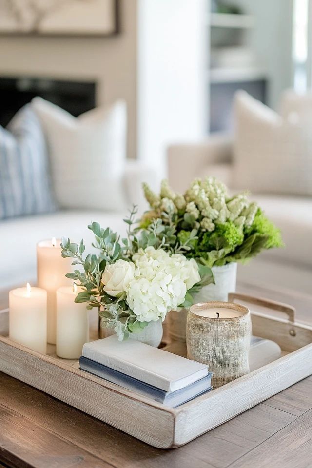 a tray with candles, flowers and books sitting on a table in a living room