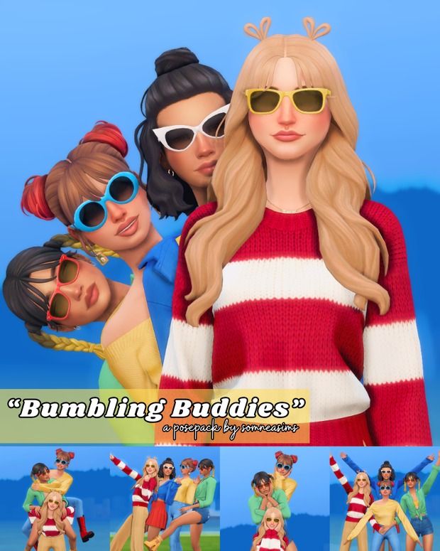 an animated image of two women and one man on the beach with text that reads bumbling buddies