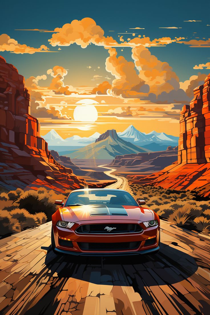 a car driving down a desert road with mountains in the background and clouds above it