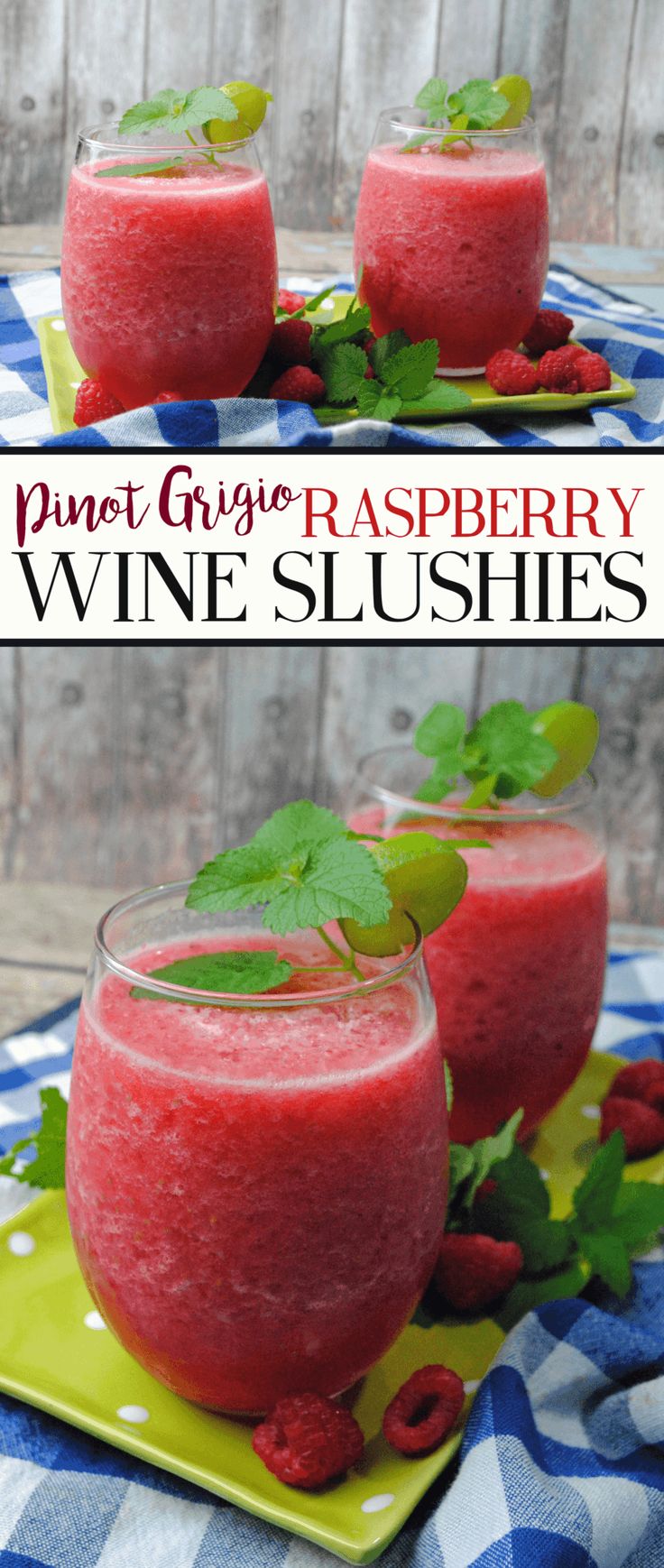 two glasses filled with raspberry wine slushies on top of a blue and white checkered table cloth