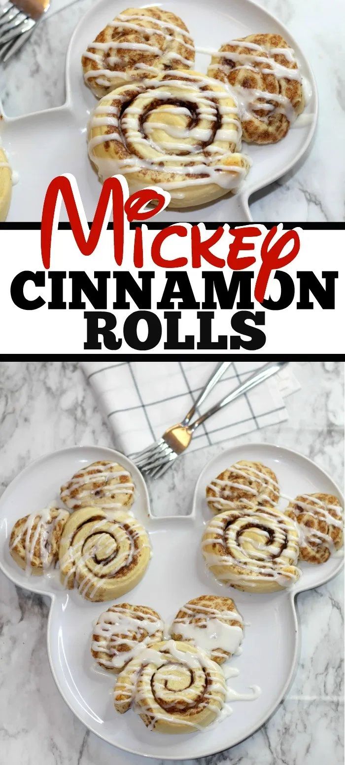 cinnamon rolls on a white plate with the words mickey's cinnamon rolls above them