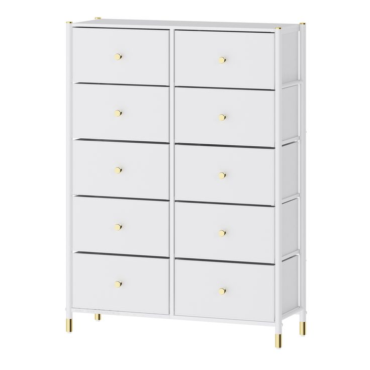 a white cabinet with gold handles and drawers