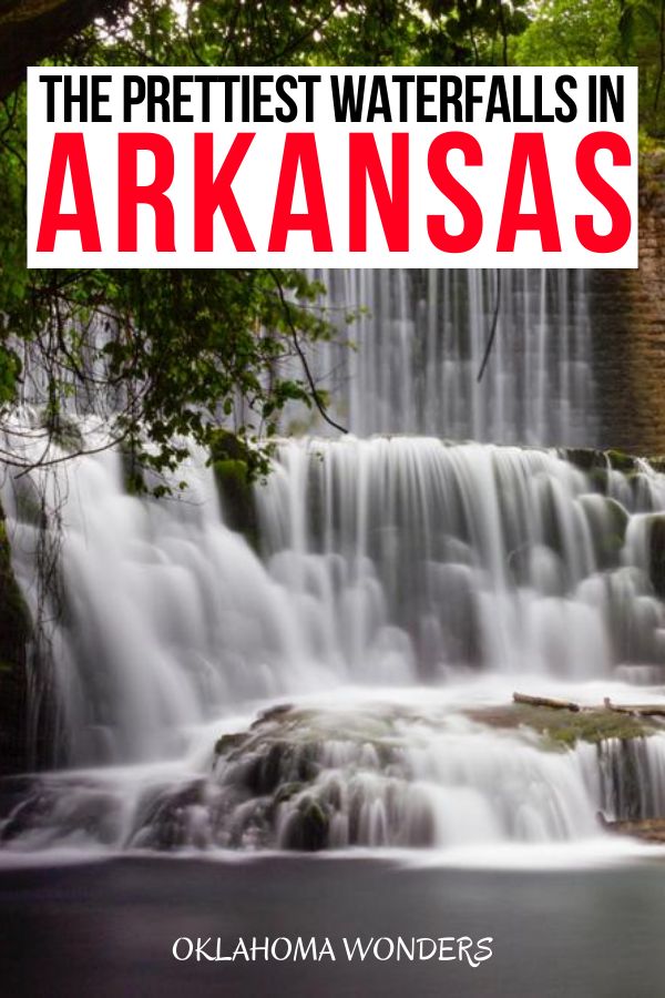 the prettiest waterfalls in arkansa's book cover shows a waterfall with water cascading over it