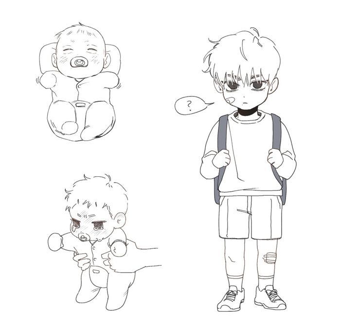 three cartoon drawings of a boy holding a teddy bear and another drawing of a baby