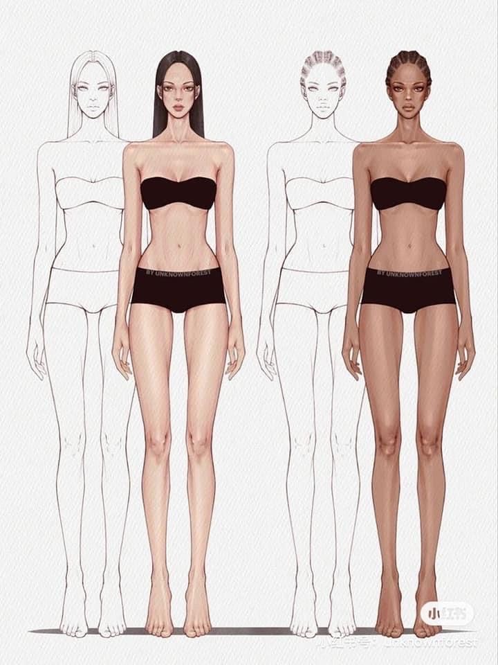 three women in swimsuits standing next to each other with their body measurements drawn