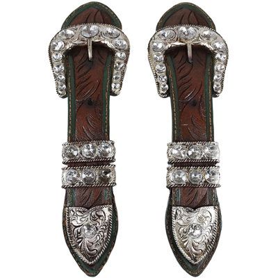 two pairs of brown and silver shoes with pearls on the bottom, one is made out of