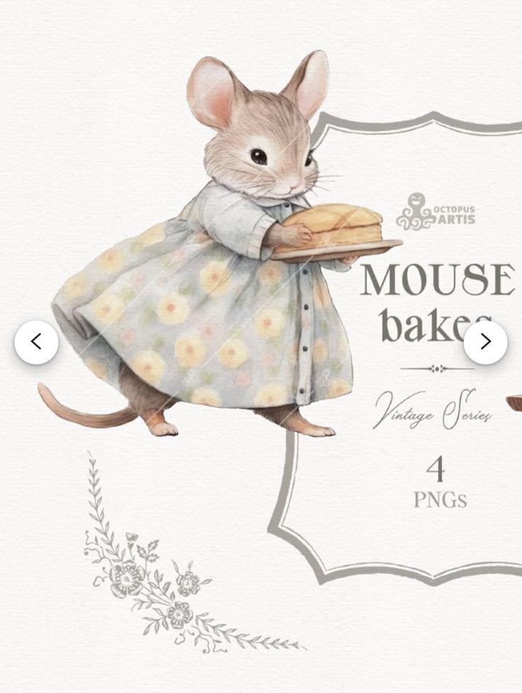 a mouse holding a piece of bread in it's hand with the words mouse bake on it