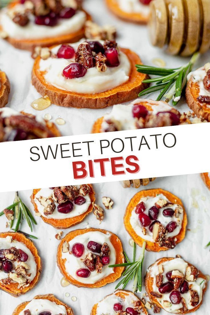 sweet potato bites with cream cheese and cranberries on top, topped with rosemary