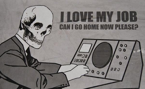 a poster with a skeleton holding a computer keyboard and the words i love my job can i go home now please?